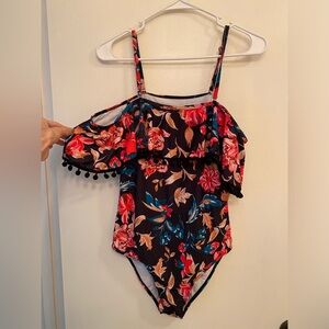 Floral Cold Shoulder One Piece Swimsuit - Size Medium